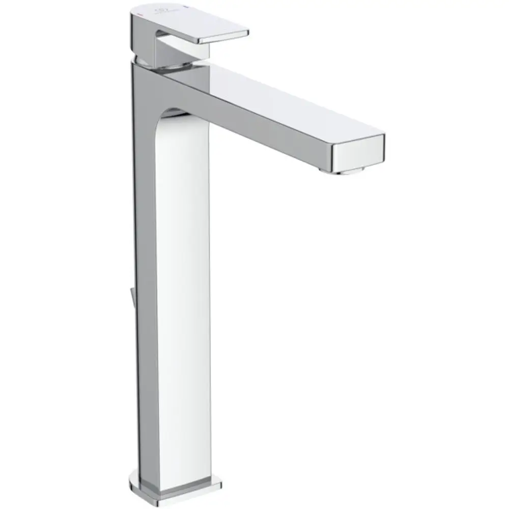 Chromfarbene Armatur von Ideal Standard mit flachem Auslauf und Hebel, geeignet für Waschbecken. Klare Linien und modernes Design.